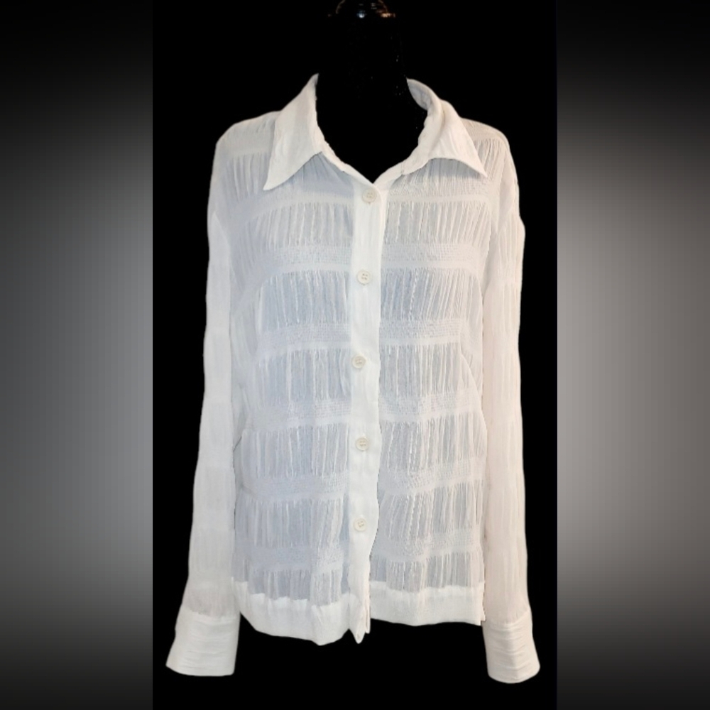 Romantic Vintage 90s Bohemian Semi Sheer Smocked, Ruched,Stripes. Long Sleeve M